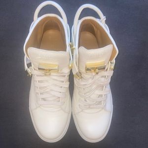 Buscemi High Top White and Gold Padlock Sneakers